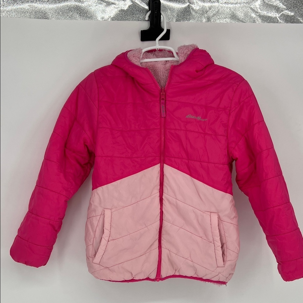 Eddie Bauer Kids Reversible Jacket Girls Large 14/16 Pink Hooded Puffer Fleece